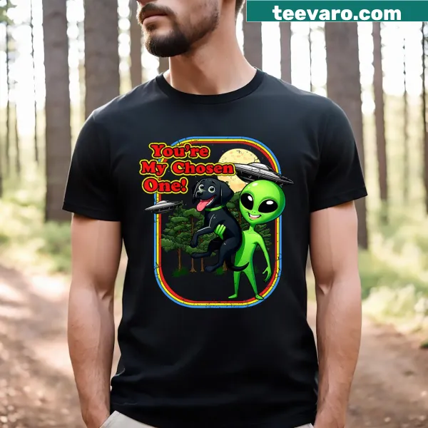Cartoon Labrador with UFO and text 'You're the Chosen One'