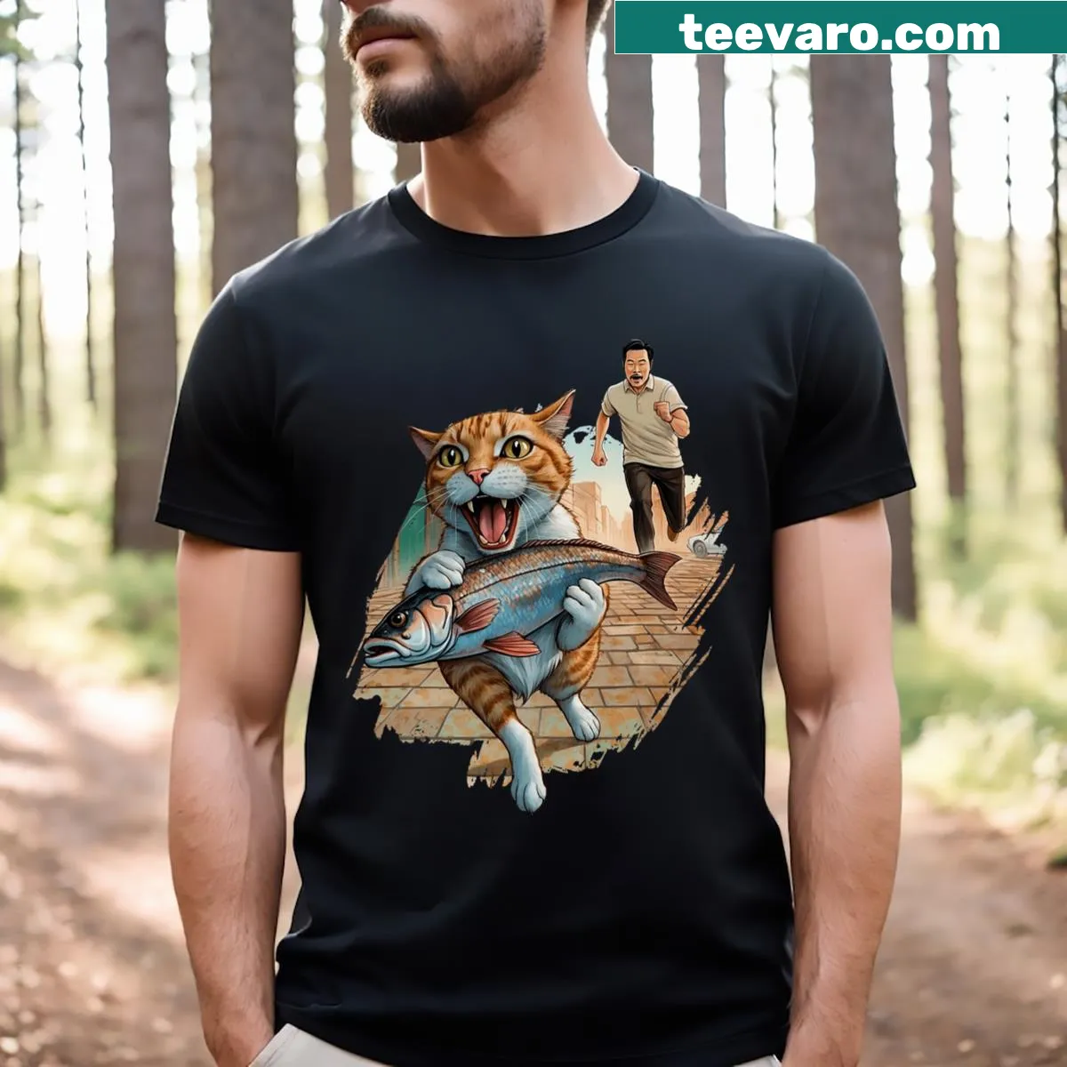 Whimsical cat stealing a fish with a man chasing it — on a men's t-shirt