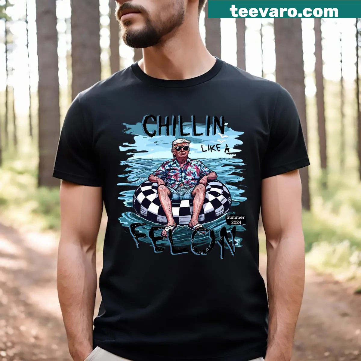 Cartoon-style T-shirt with humorous text about Trump supporters and 2024 election. — on a men's t-shirt