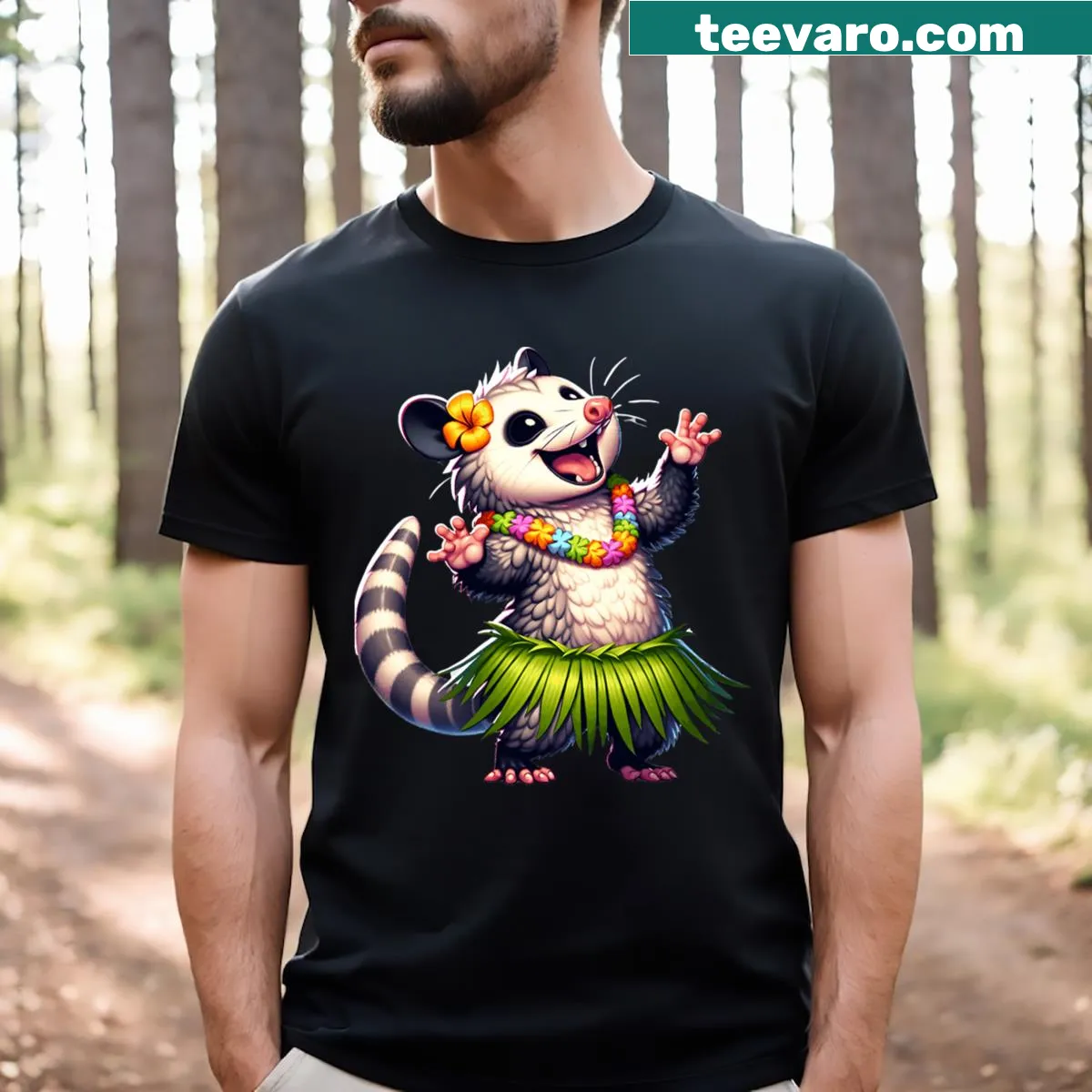 Cartoon T-shirt featuring a dancing hula possum in a tropical setting. — on a men's t-shirt