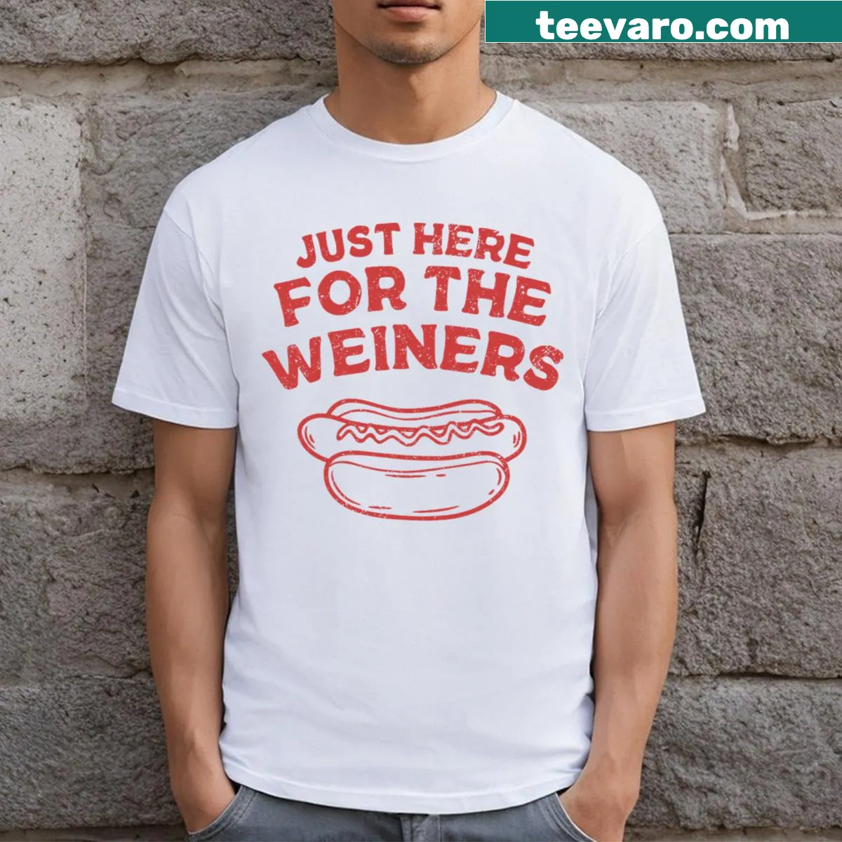 Cartoon hotdog T-shirt with funny text for kids, celebrating 4th of July. — on a men's t-shirt