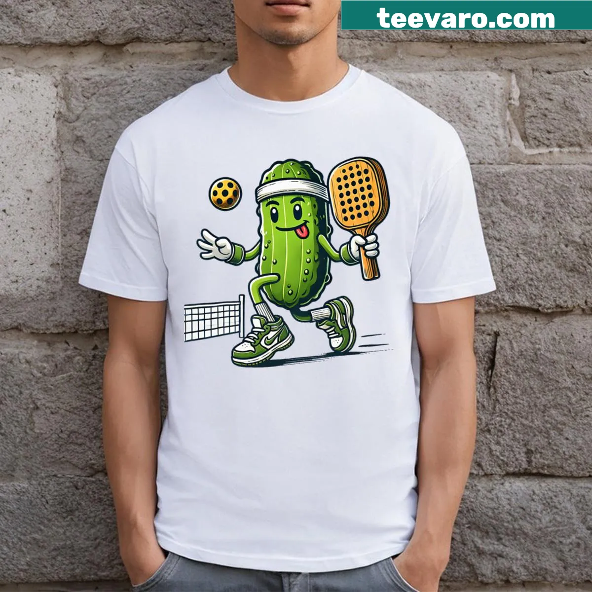 Cartoon T-shirt for pickleball players and paddleball lovers with humorous graphics. — on a men's t-shirt