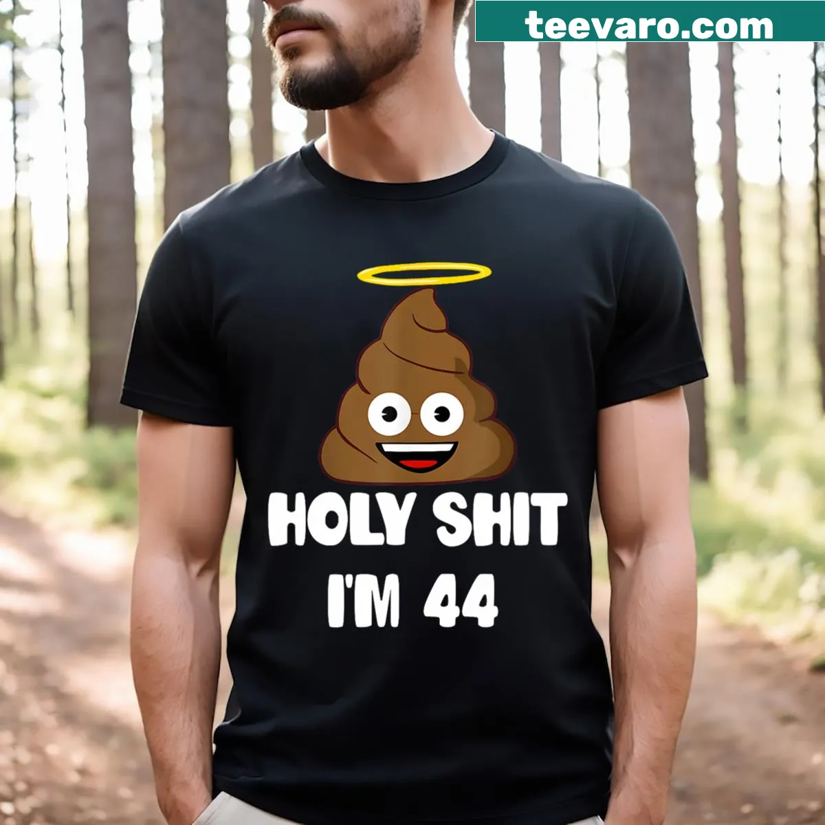 Cartoon T-shirt humorously celebrating turning 44 with poop graphics. — on a men's t-shirt