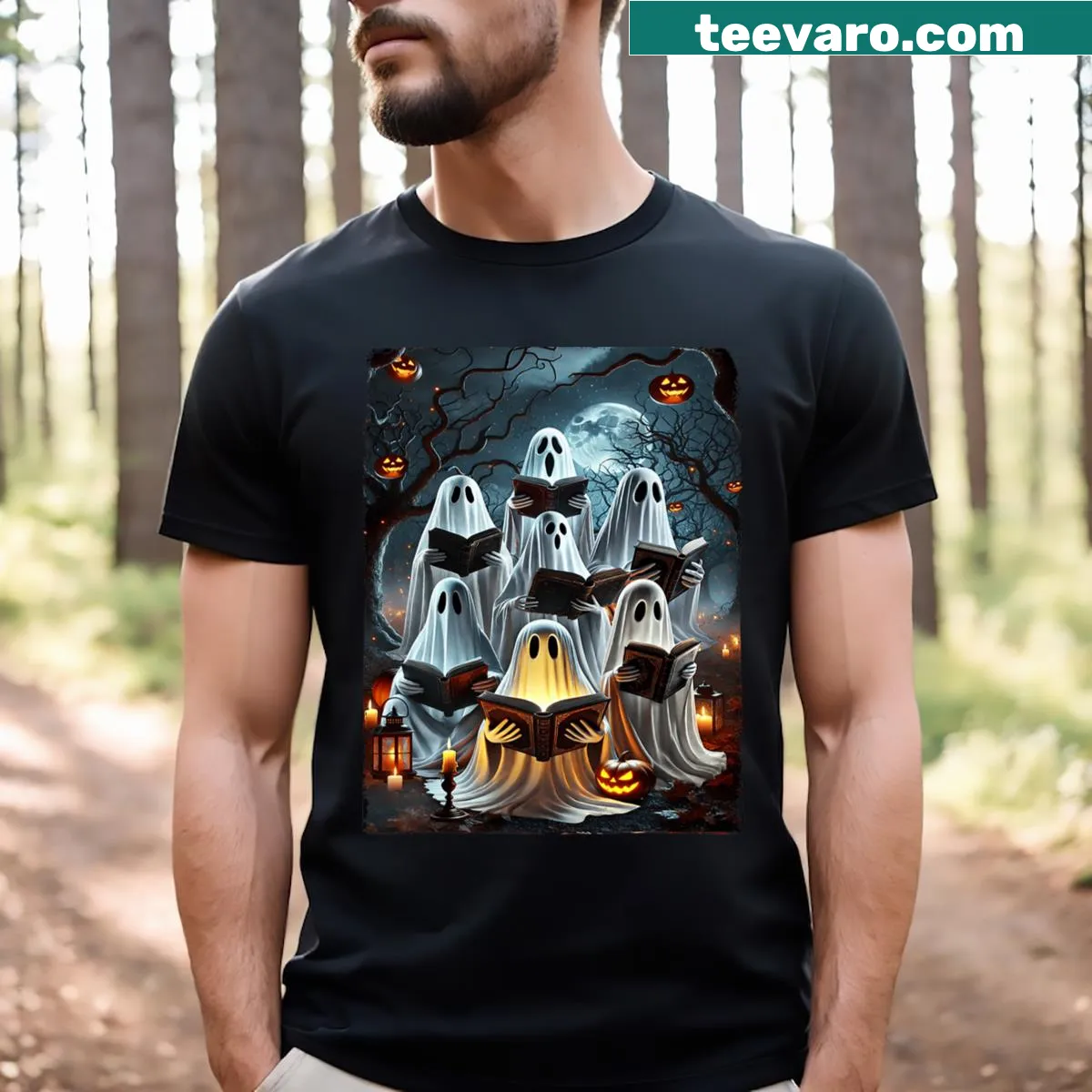 Cartoon ghost reading a book for a Halloween themed teacher's T-shirt — on a men's t-shirt