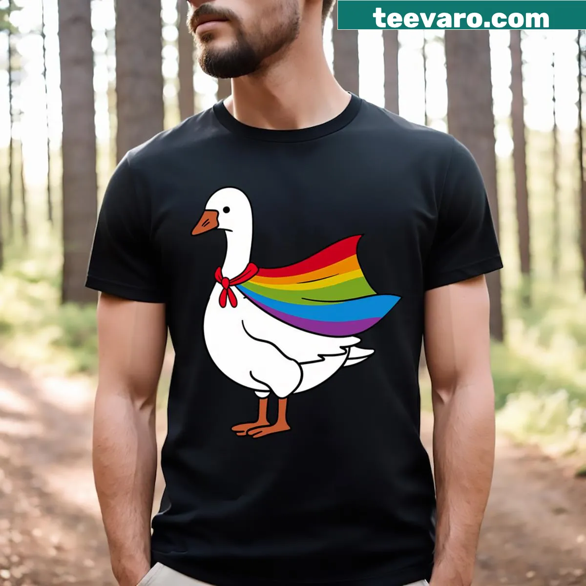 Cartoon rainbow flag goose design for LGBTQ pride gamers — on a men's t-shirt