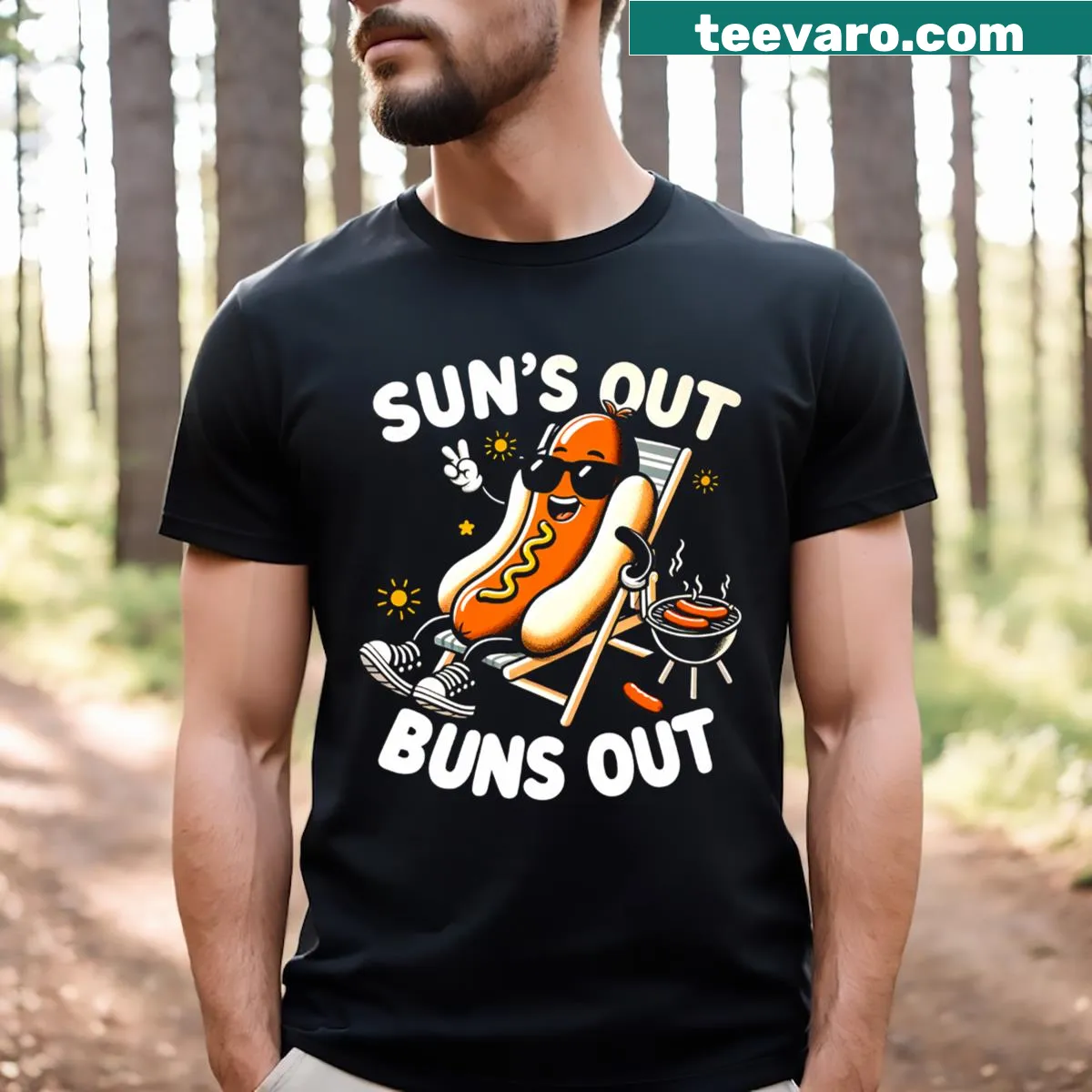 Fast food cartoon graphic with 'Suns Out Buns Out' text — on a men's t-shirt