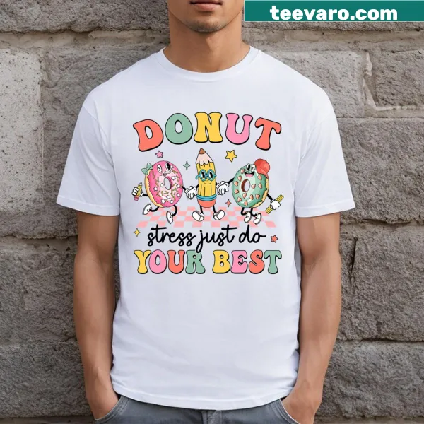 Illustrated shirt featuring a groovy donut with sunglasses and a motivational phrase