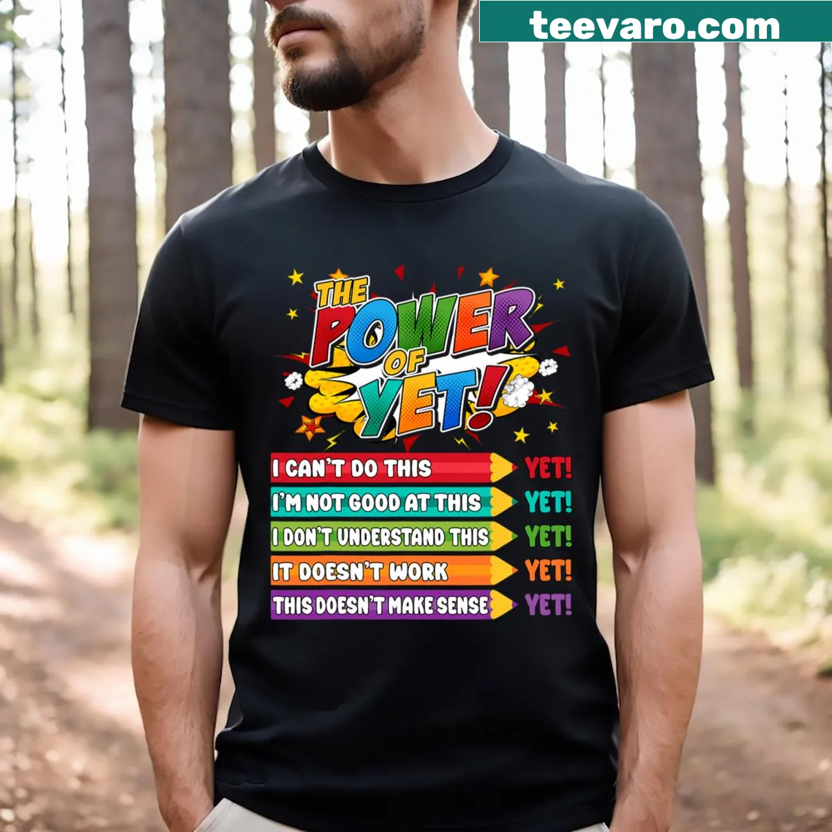 Typography shirt showcasing the phrase Power of Yet for growth mindset — on a men's t-shirt
