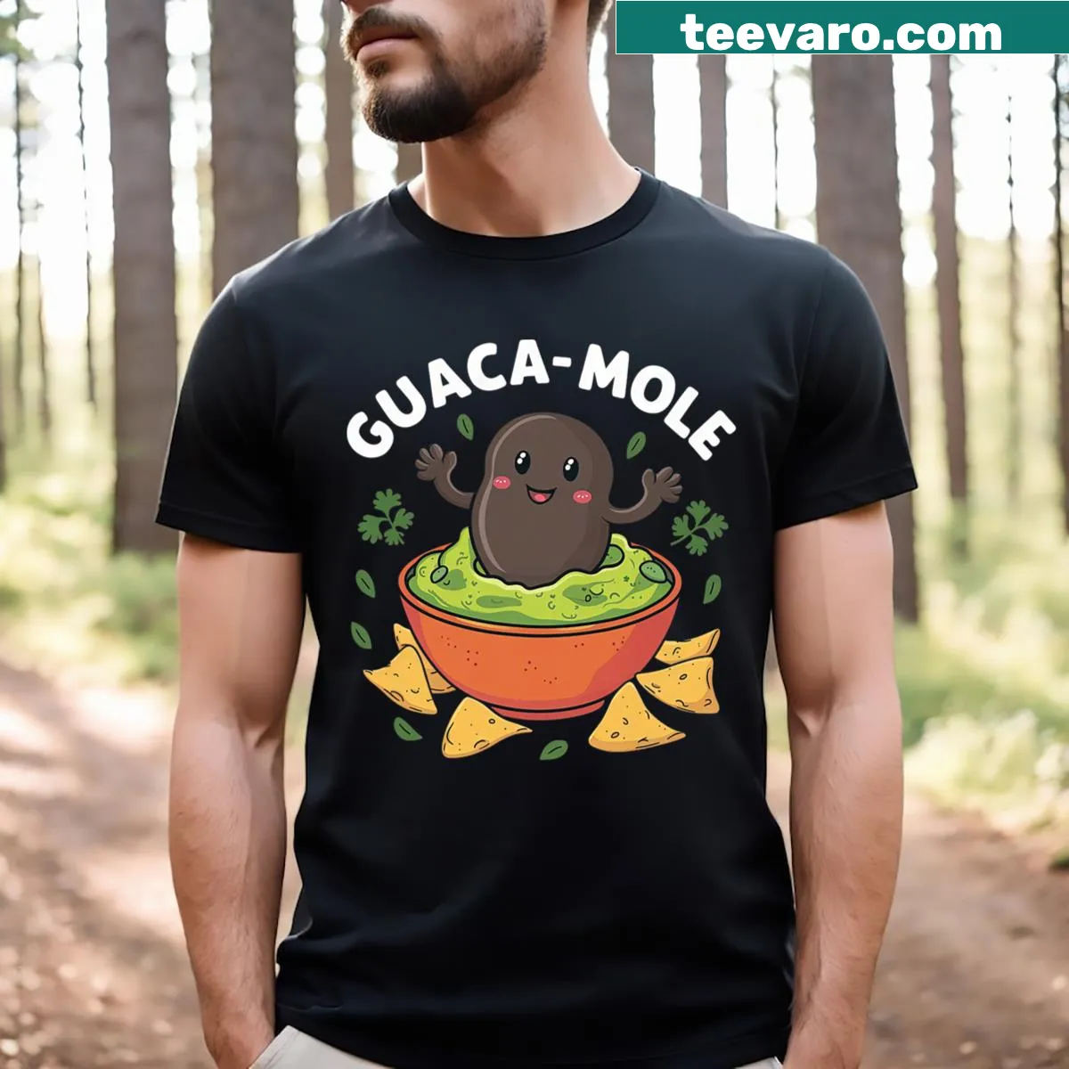 Cute cartoon mole T-shirt with guacamole food pun — on a men's t-shirt