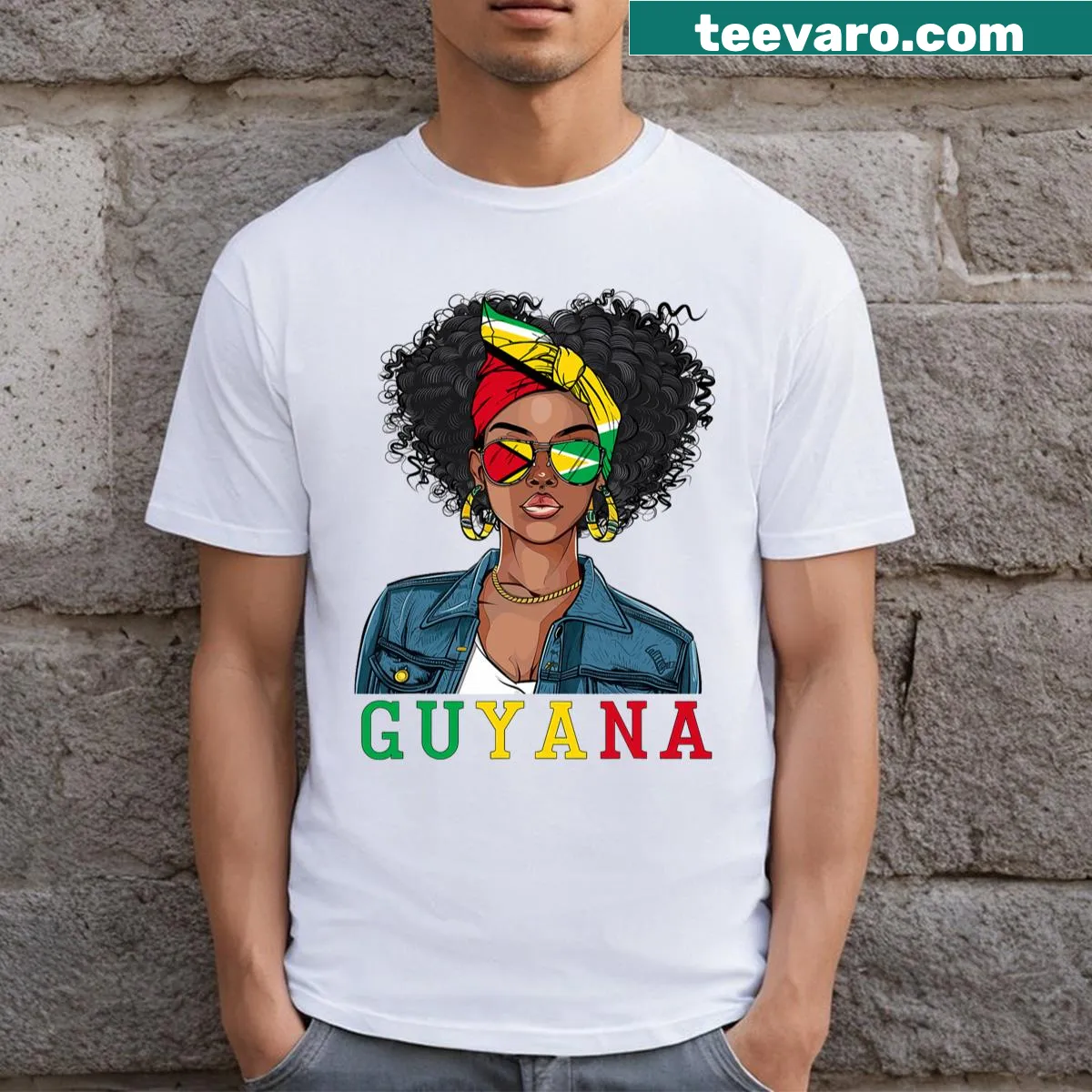 Guyanese flag graphic on a women's t-shirt — on a men's t-shirt