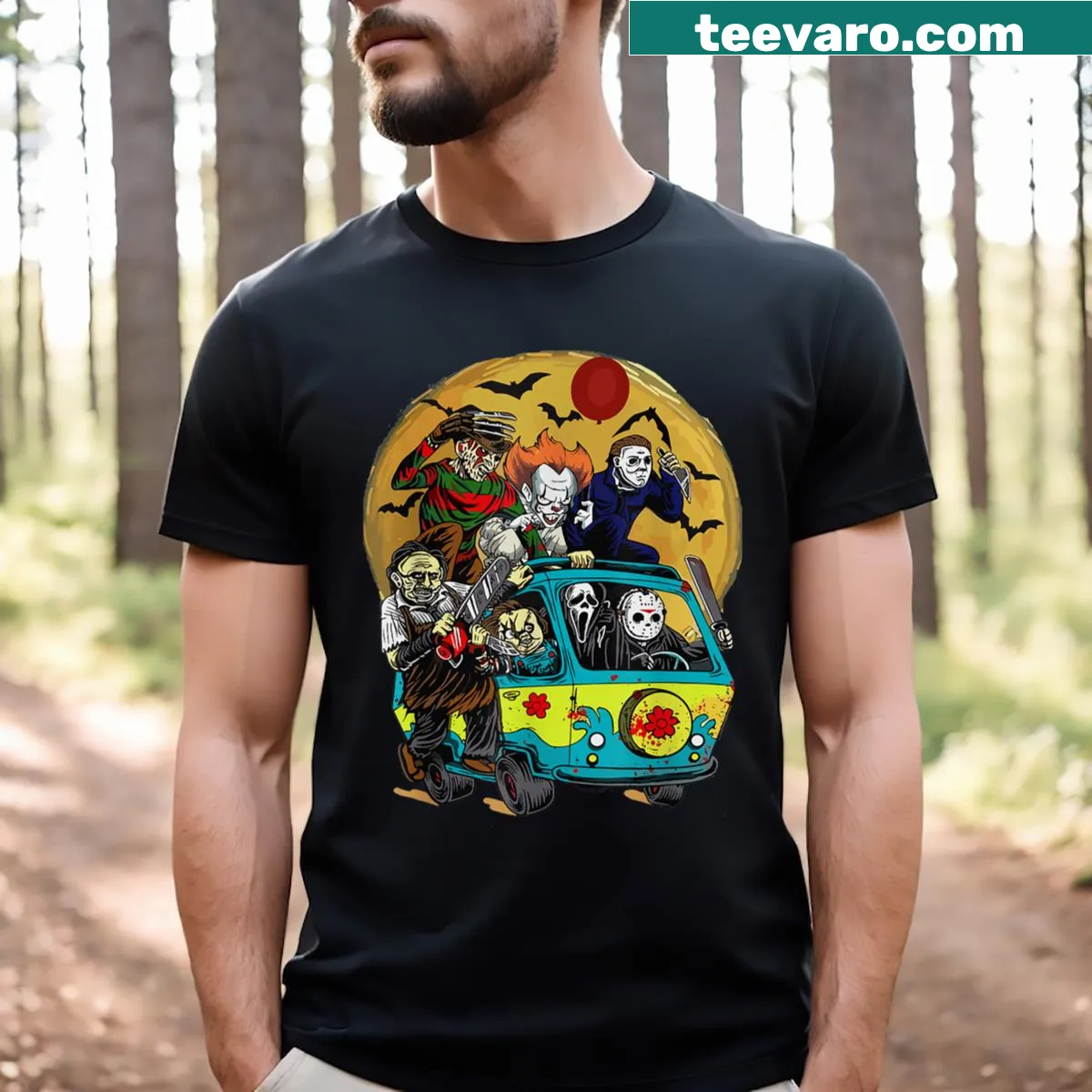 Horror characters design T-shirt for Halloween enthusiasts — on a men's t-shirt