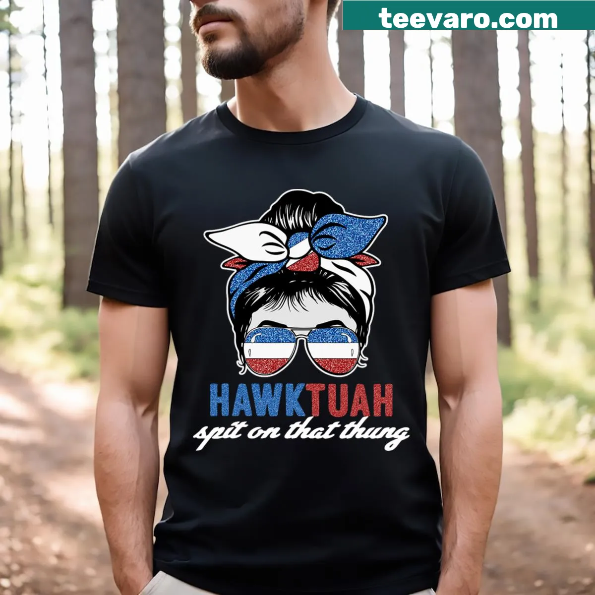 Funny T-shirt with cartoon hawk and American flag design — on a men's t-shirt