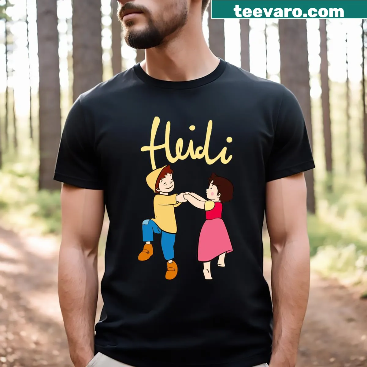 Cartoon design of Heidi and Peter dancing on a yellow T-shirt — on a men's t-shirt