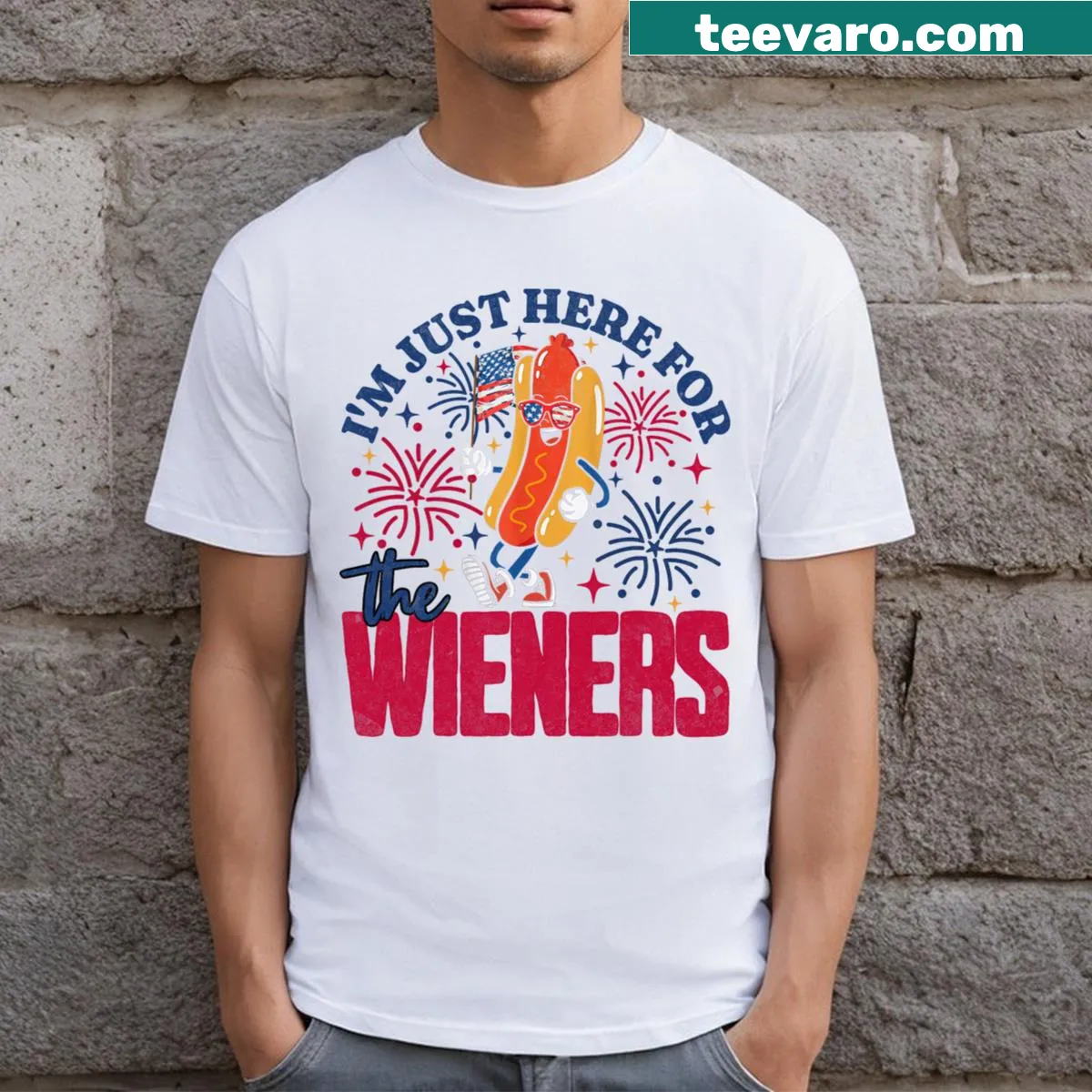 Fourth of July T-shirt with a hot dog illustration and funny text — on a men's t-shirt