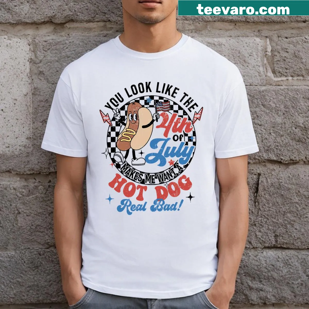Vintage-style 4th of July t-shirt featuring hot dogs and humor — on a men's t-shirt