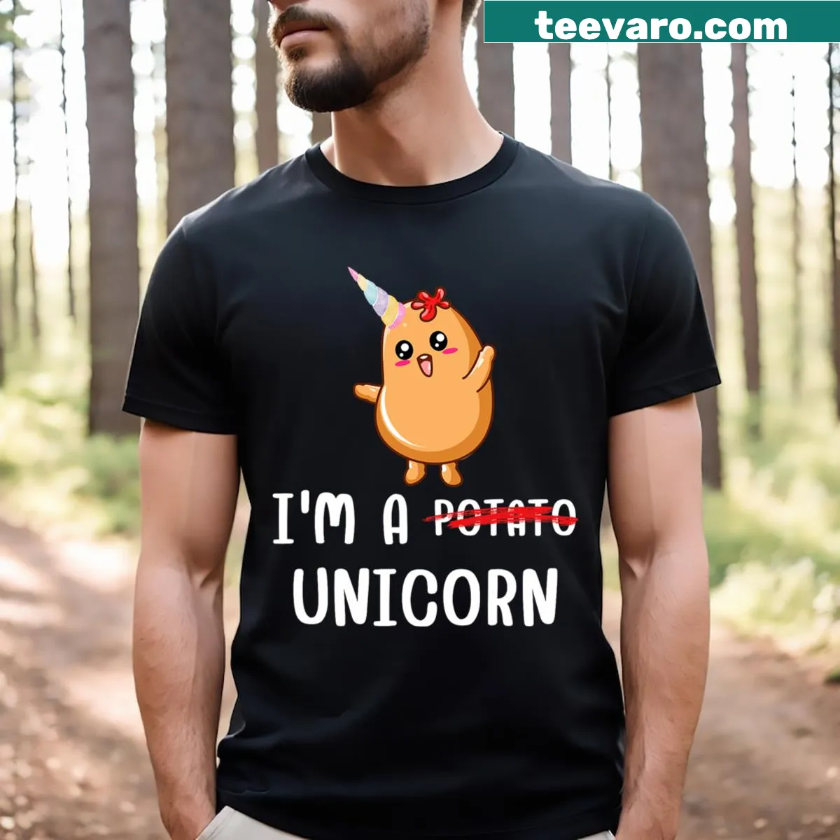 Cute T-shirt with smiling potato unicorn design — on a men's t-shirt