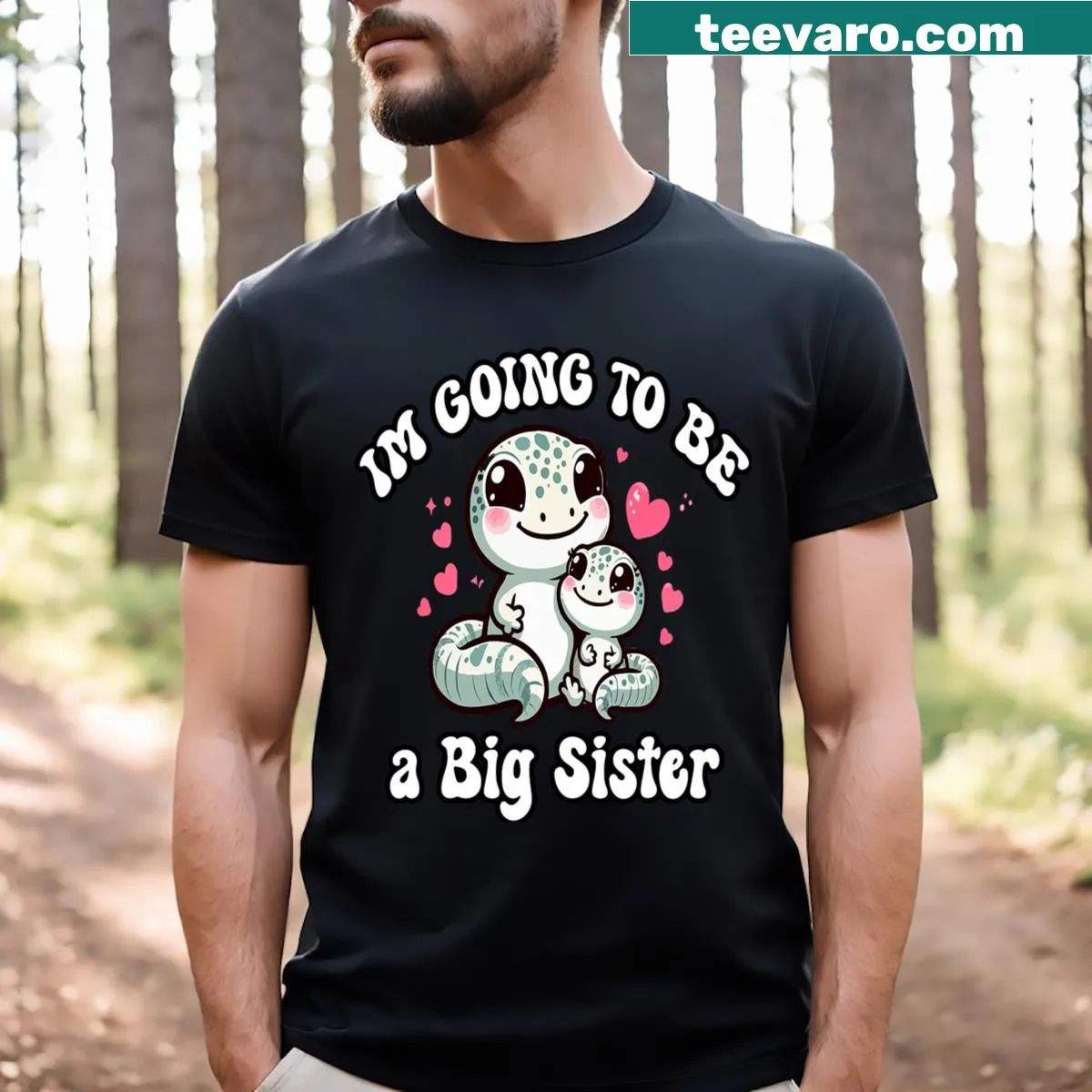 Cute gecko illustration with text about becoming a big sister — on a men's t-shirt