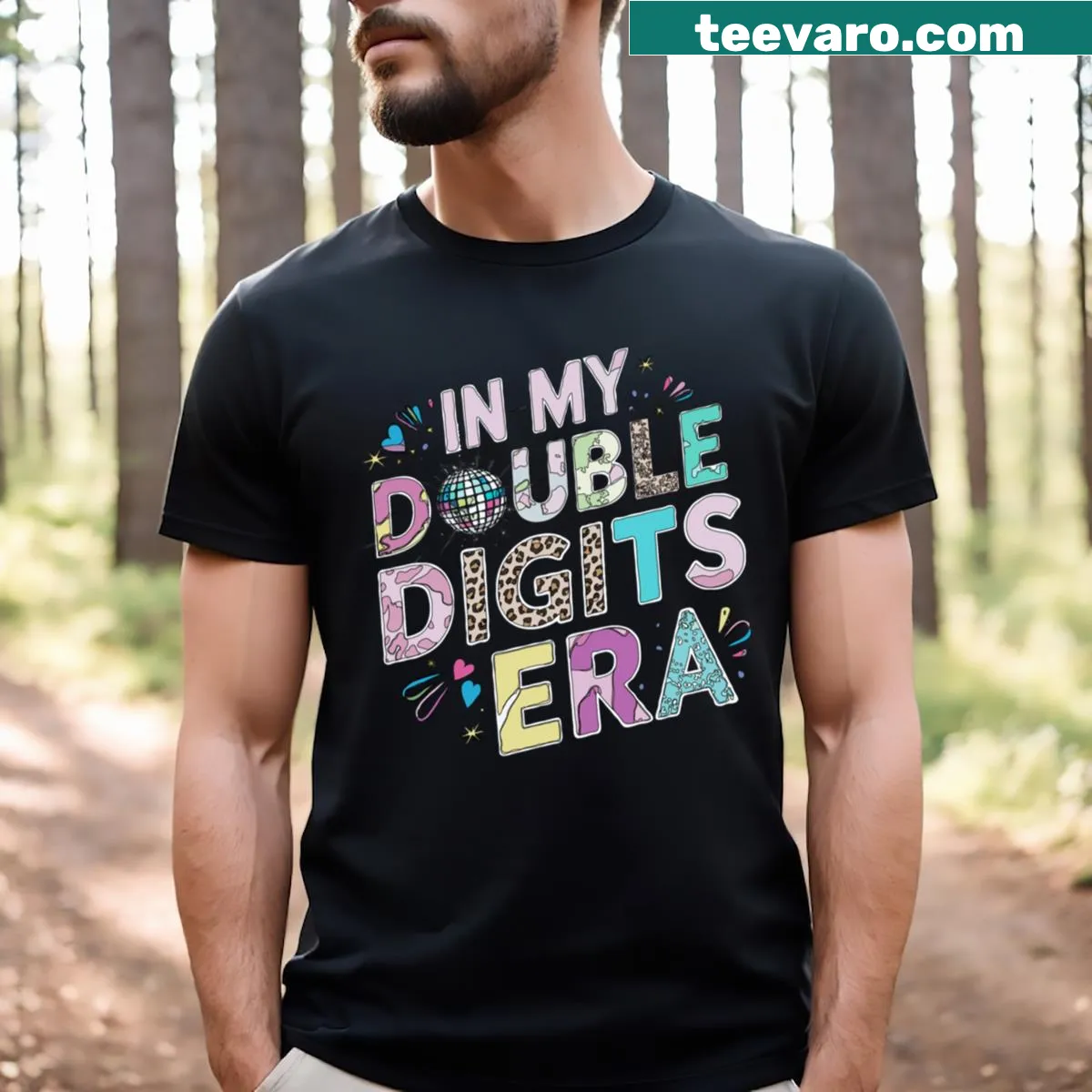 Retro 10th birthday t-shirt with 'In My Double Digits Era' text — on a men's t-shirt