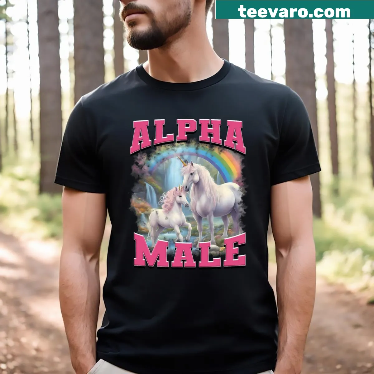 Ironic T-shirt featuring an alpha male unicorn graphic for men — on a men's t-shirt