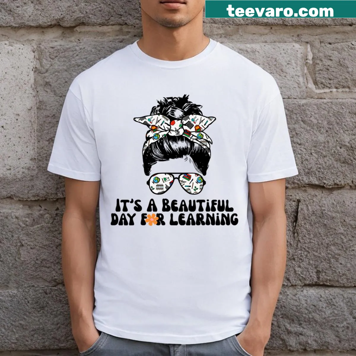 Inspirational learning t-shirt with 'It's A Beautiful Day For Learning' text — on a men's t-shirt