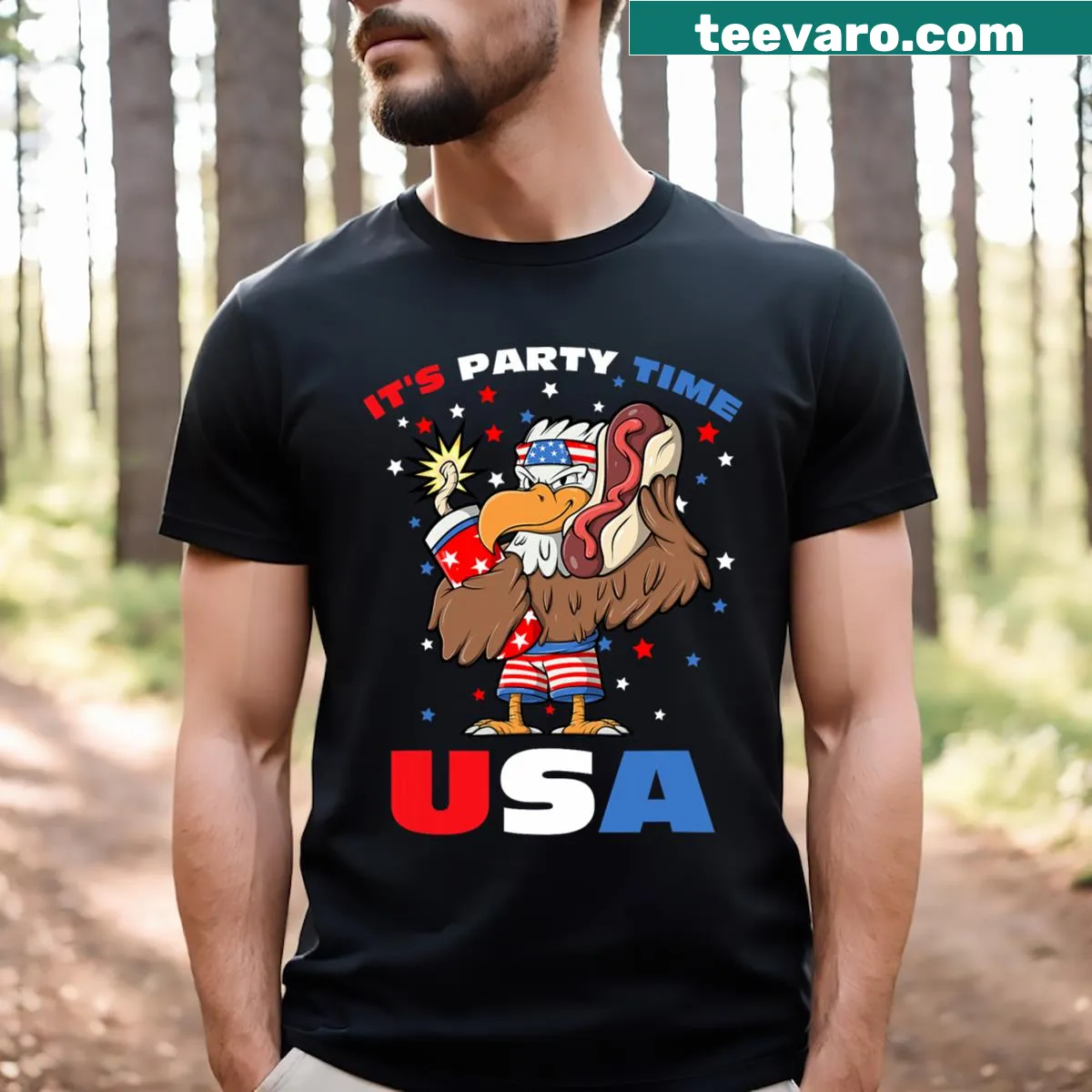 Patriotic kids t-shirt with a hotdog and 'It's Party Time USA' text — on a men's t-shirt
