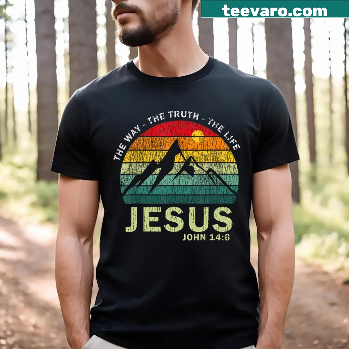 Christian t-shirt with 'Jesus The Way Truth Life' text — on a men's t-shirt