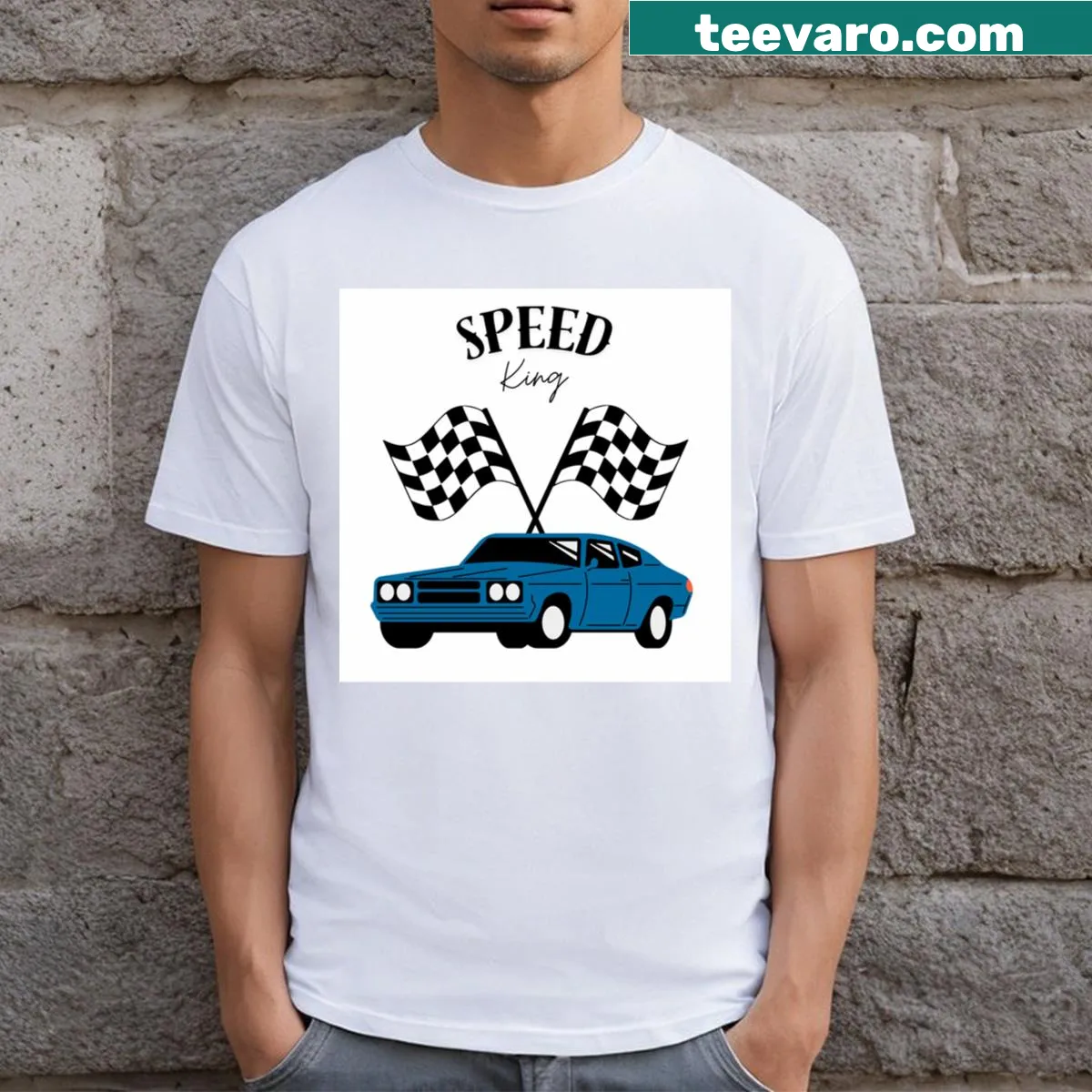 Illustration of a blue car on a t-shirt capturing speed — on a men's t-shirt