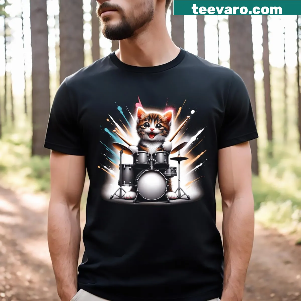 Funny T-shirt with a kitten drummer graphic in a rock band setting — on a men's t-shirt