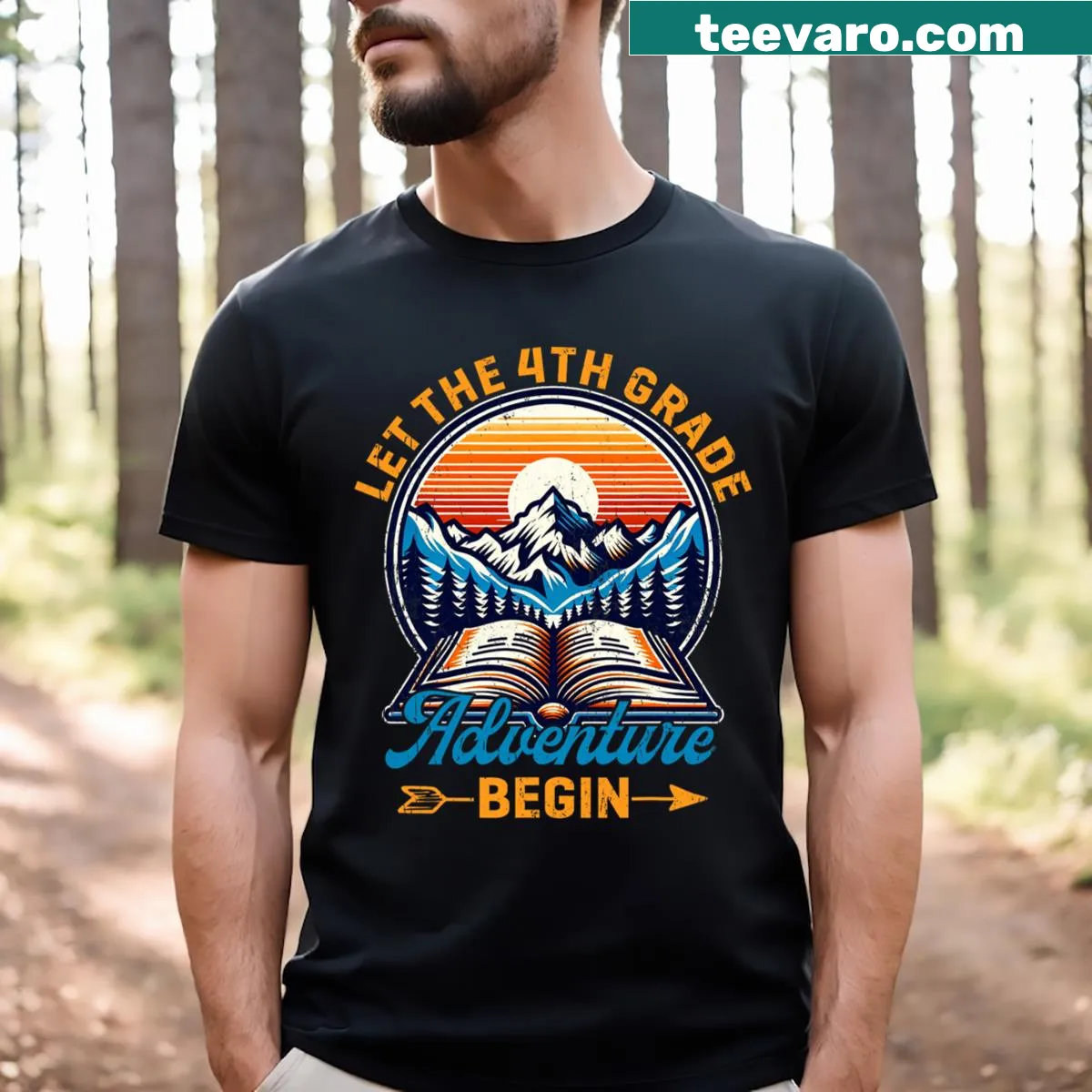 Illustrated 'Let The 4th Grade Adventure Begin' graphic for teachers — on a men's t-shirt