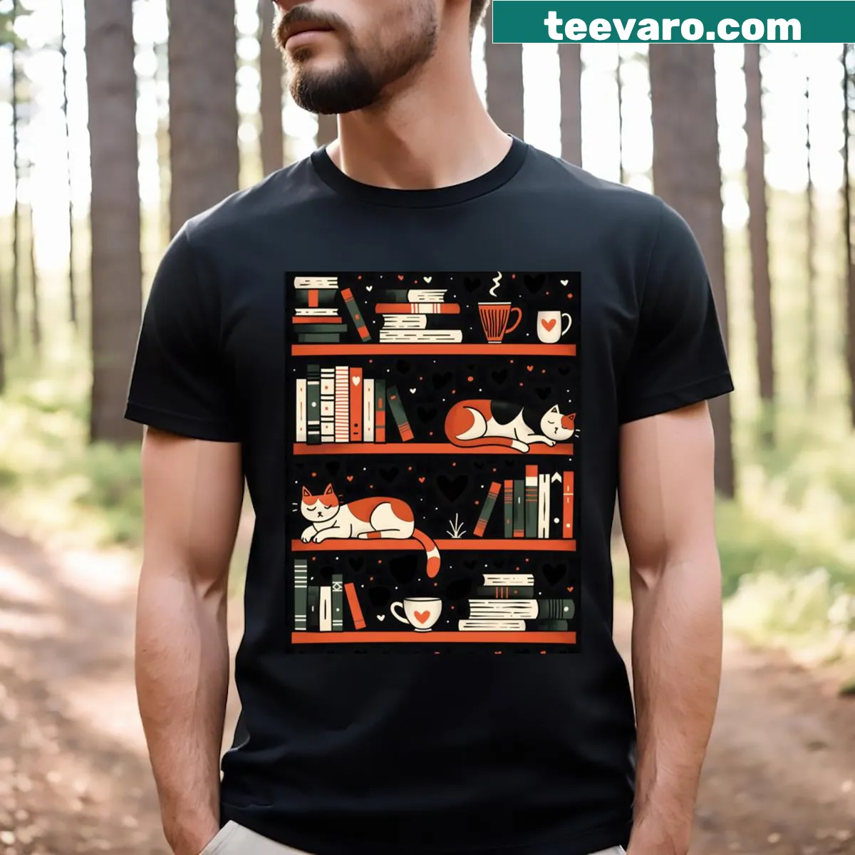 Illustrated T-shirt featuring cats on library bookshelves — on a men's t-shirt
