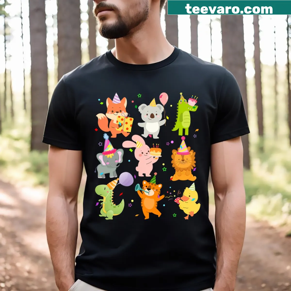 Playful T-shirt featuring wildlife animals, perfect for zoo outings. — on a men's t-shirt
