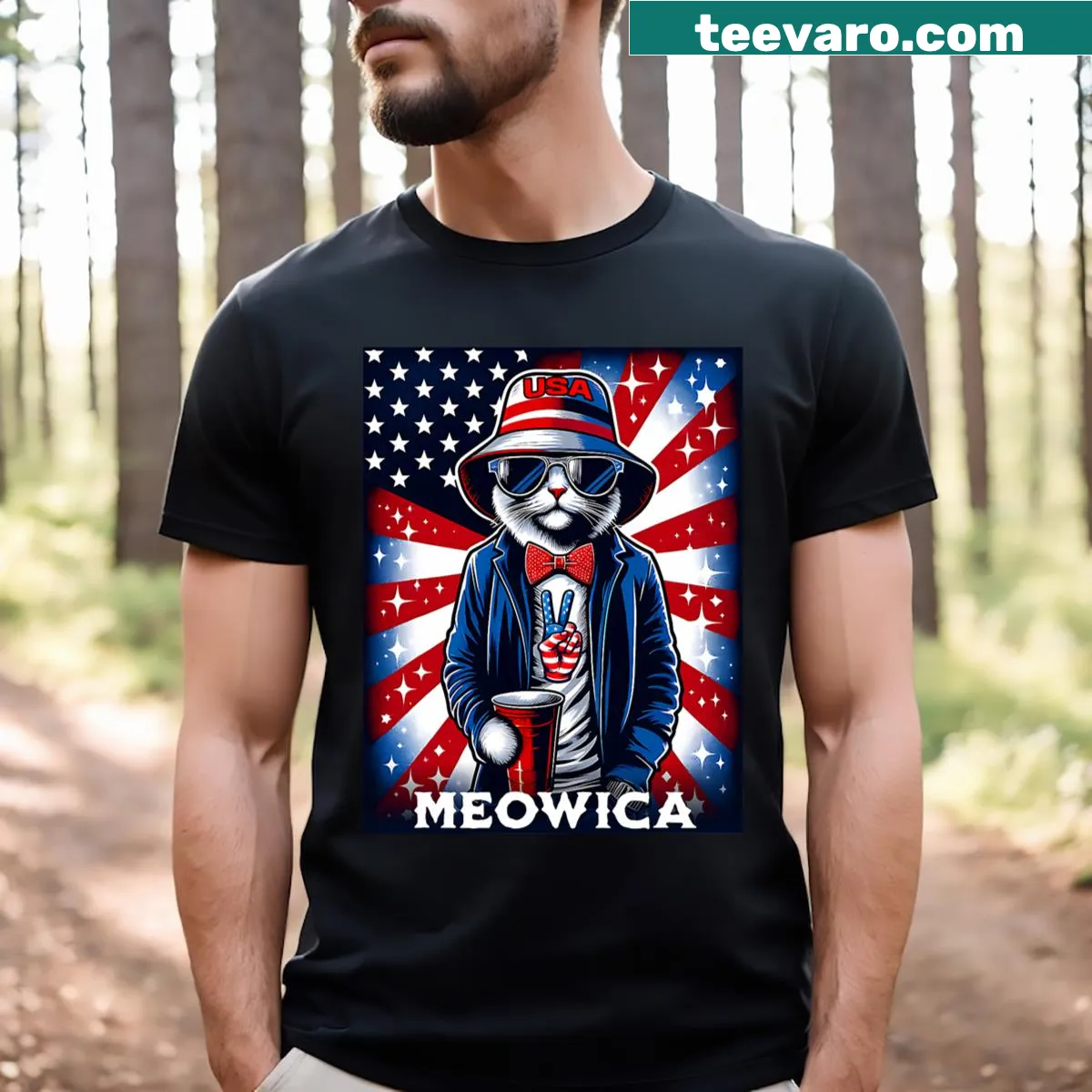 Funny patriotic cat-themed t-shirt for Fourth of July — on a men's t-shirt
