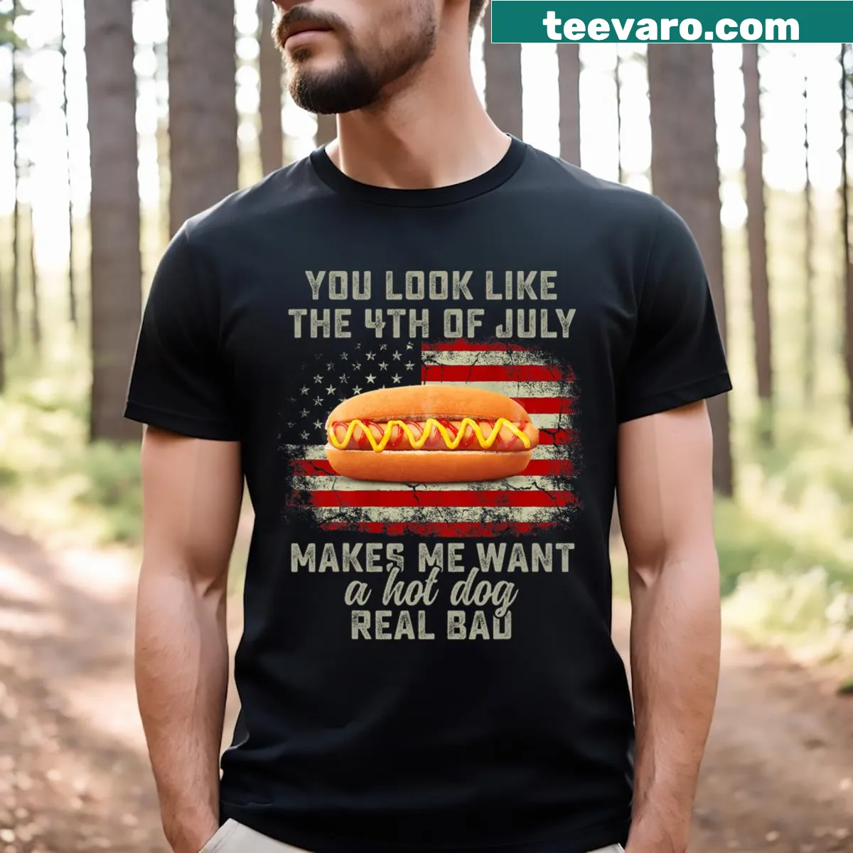 Funny hot dog-themed 4th of July T-shirt — on a men's t-shirt