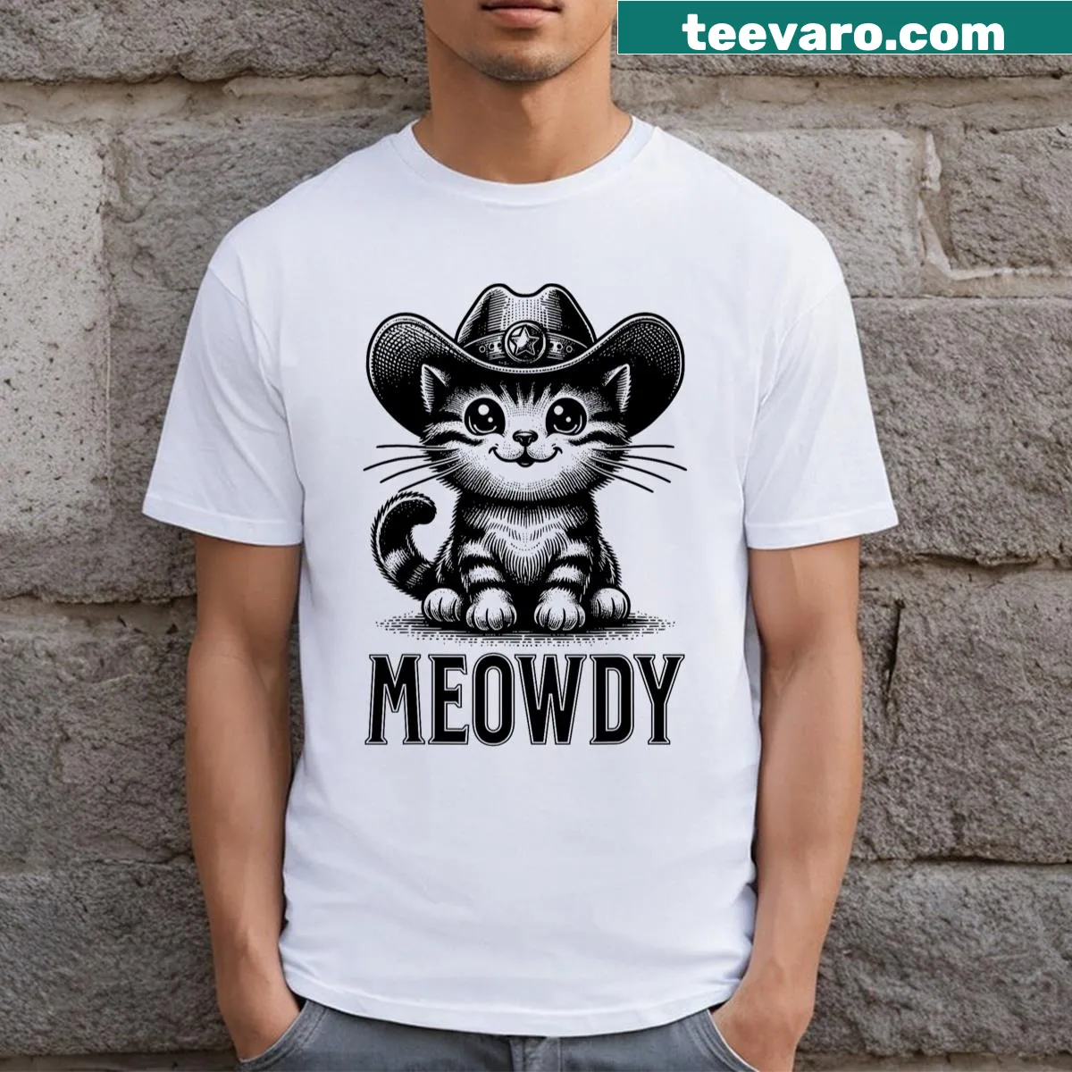 Graphic t-shirt with a cowboy cat and 'Meowdy' text — on a men's t-shirt