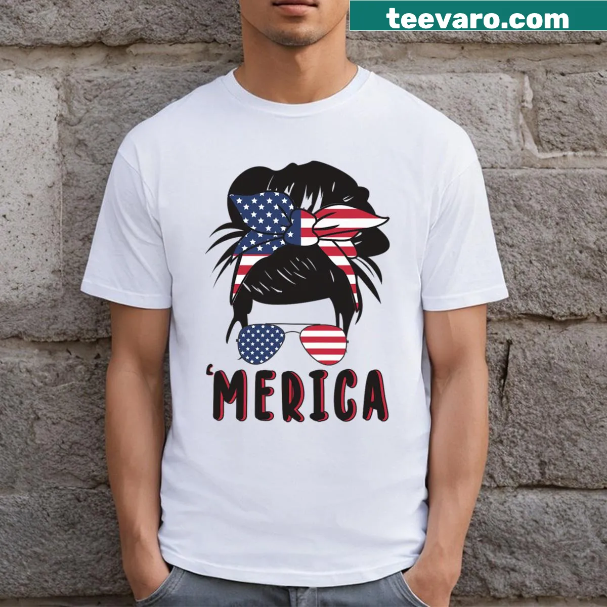 T-shirt with a messy bun and sunglasses, labeled 'Merica' — on a men's t-shirt