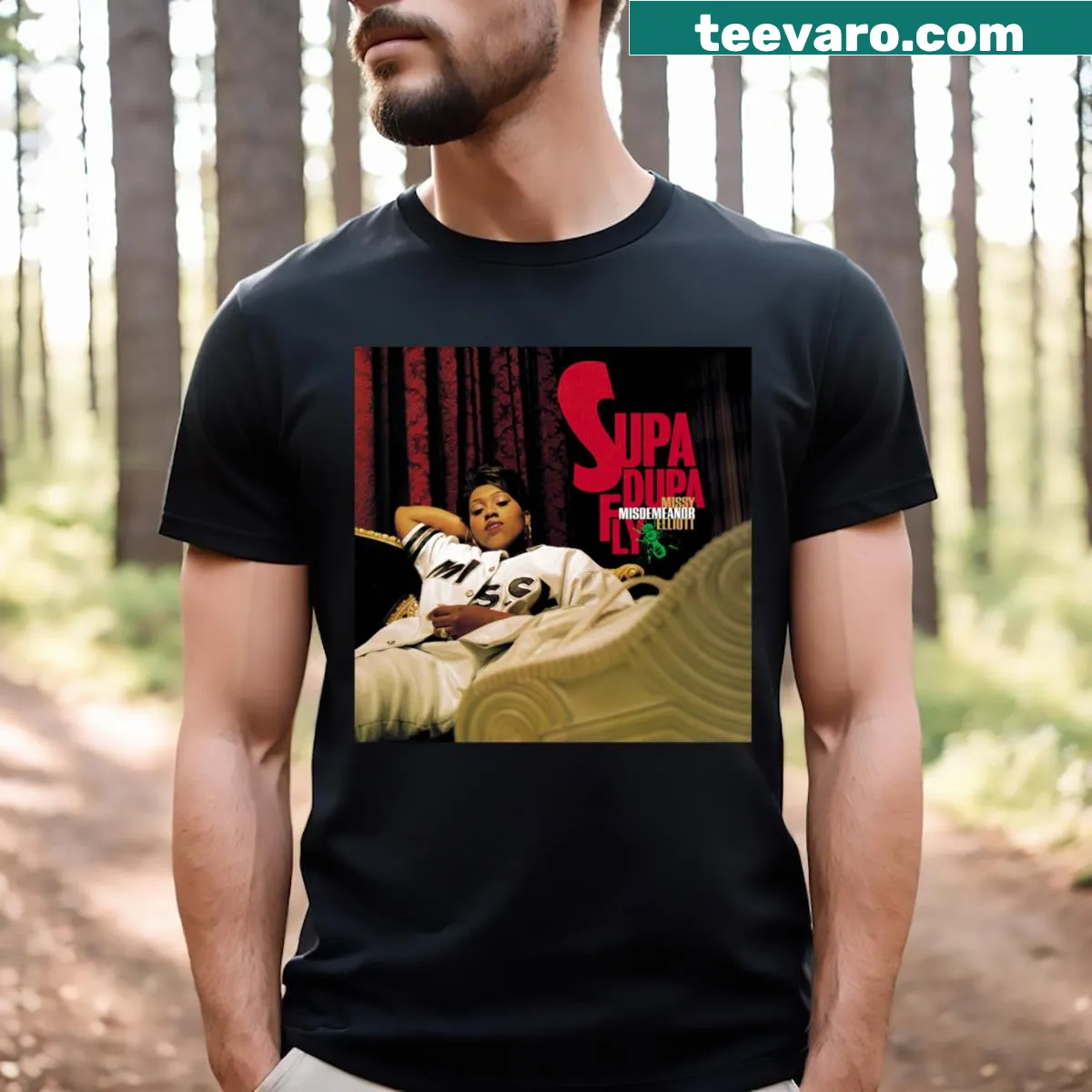 T-shirt honoring Missy Elliot with Supa Dupa Fly text — on a men's t-shirt