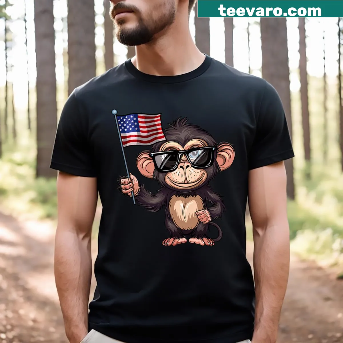 Funny T-shirt with a cartoon monkey and USA flag for July 4th — on a men's t-shirt