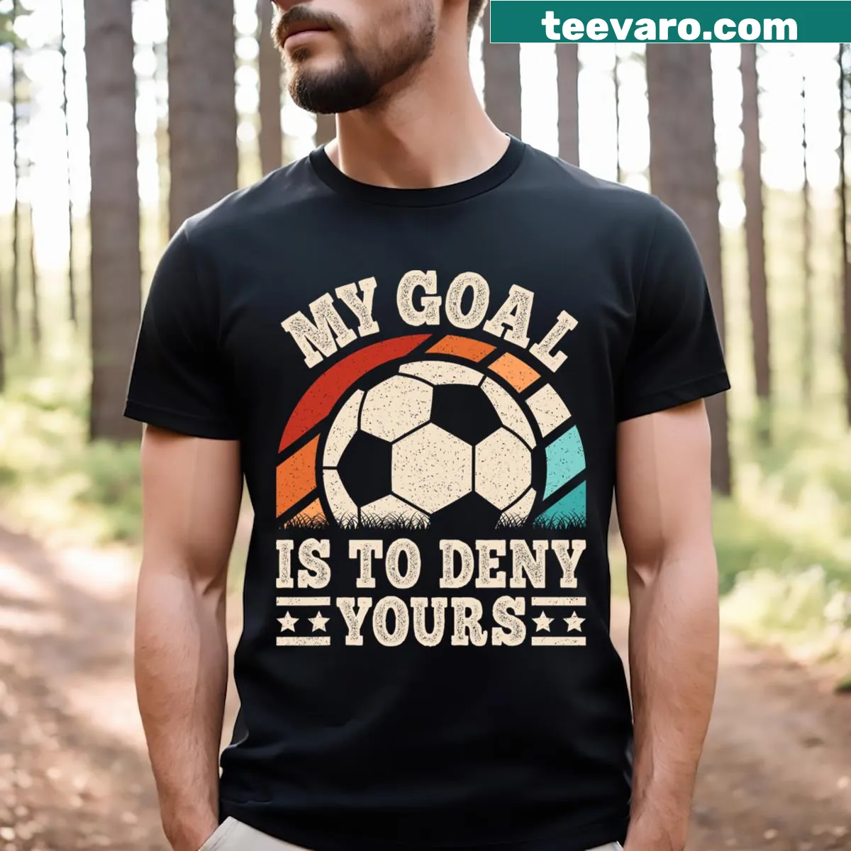 Funny soccer-themed shirt with text about denying goals — on a men's t-shirt