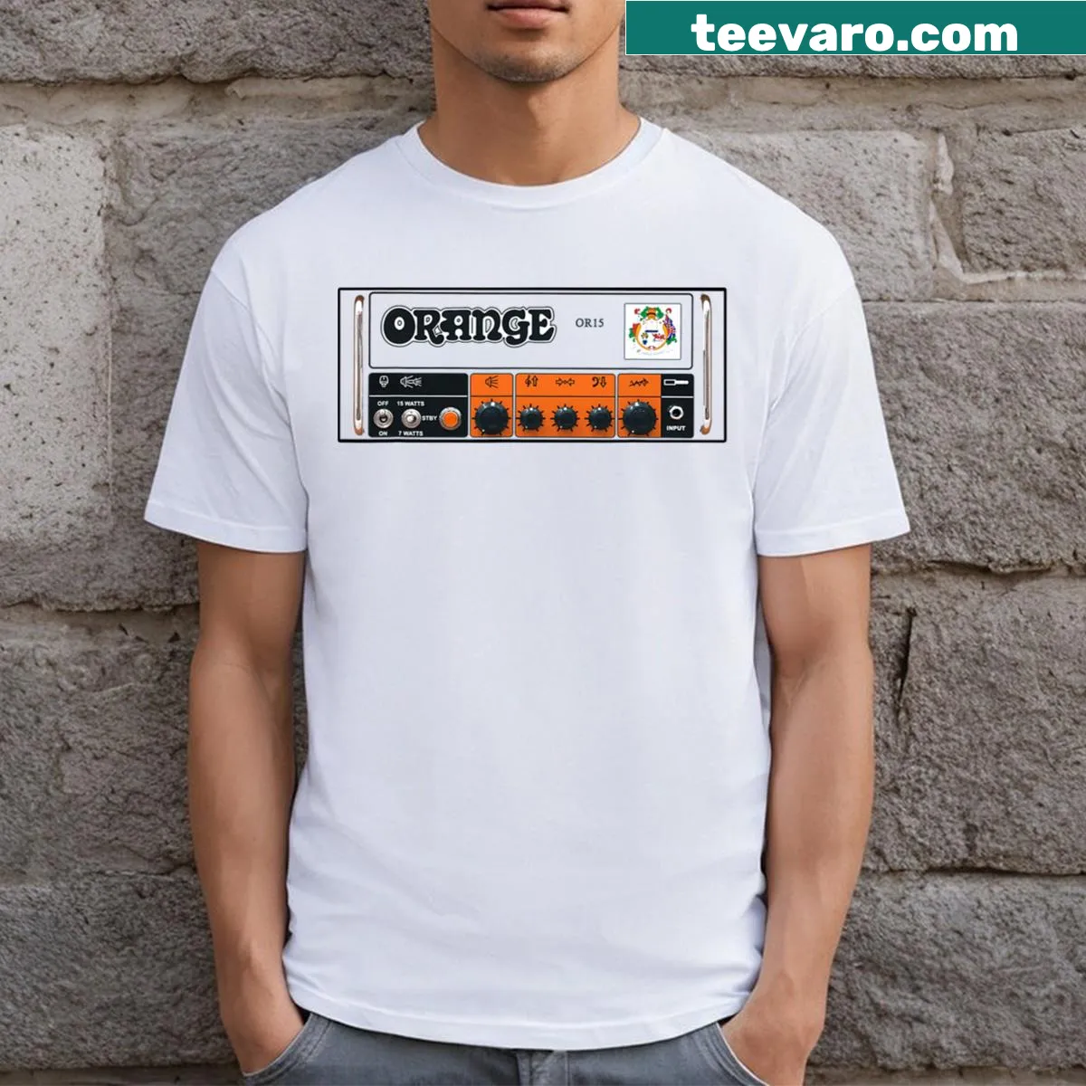 Vintage-style T-shirt featuring Orange Amptube guitar amplifier graphic — on a men's t-shirt