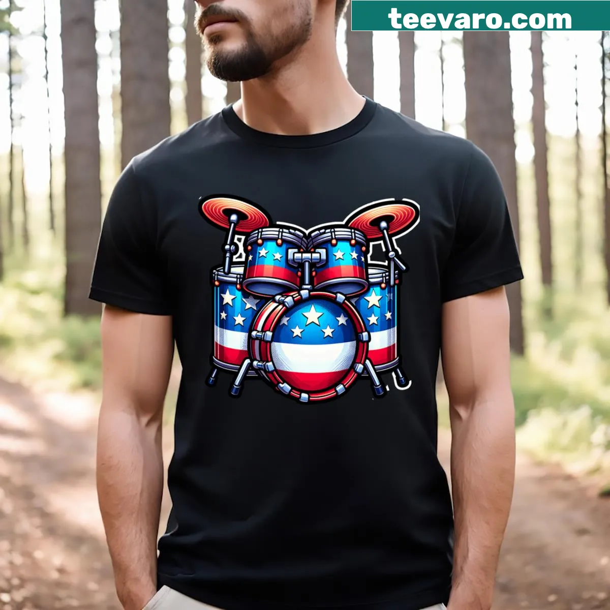 Cartoon drum set with American flag design in red, white, and blue — on a men's t-shirt