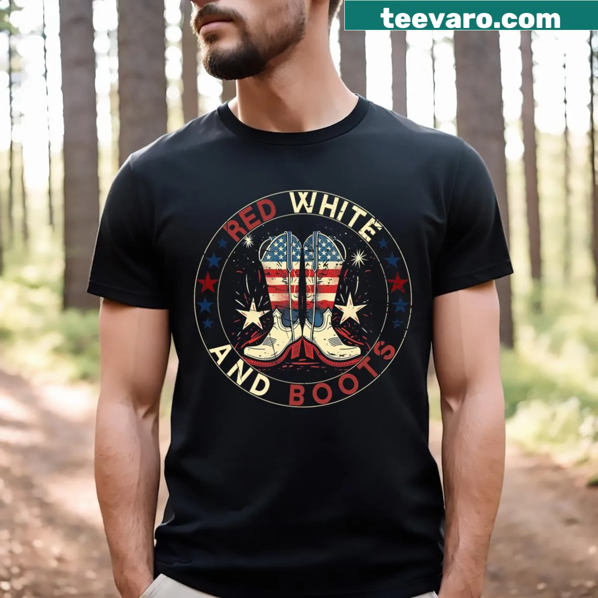 Illustrated cowgirl boots with a patriotic theme for girls — on a men's t-shirt