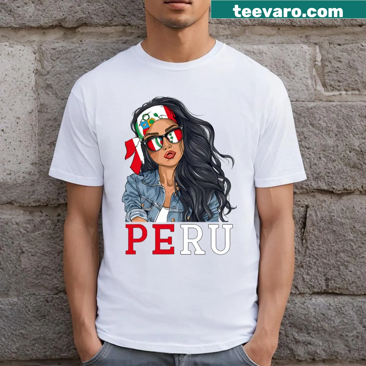 Graphic of a Peruvian woman with flag and heritage text on T-shirt — on a men's t-shirt