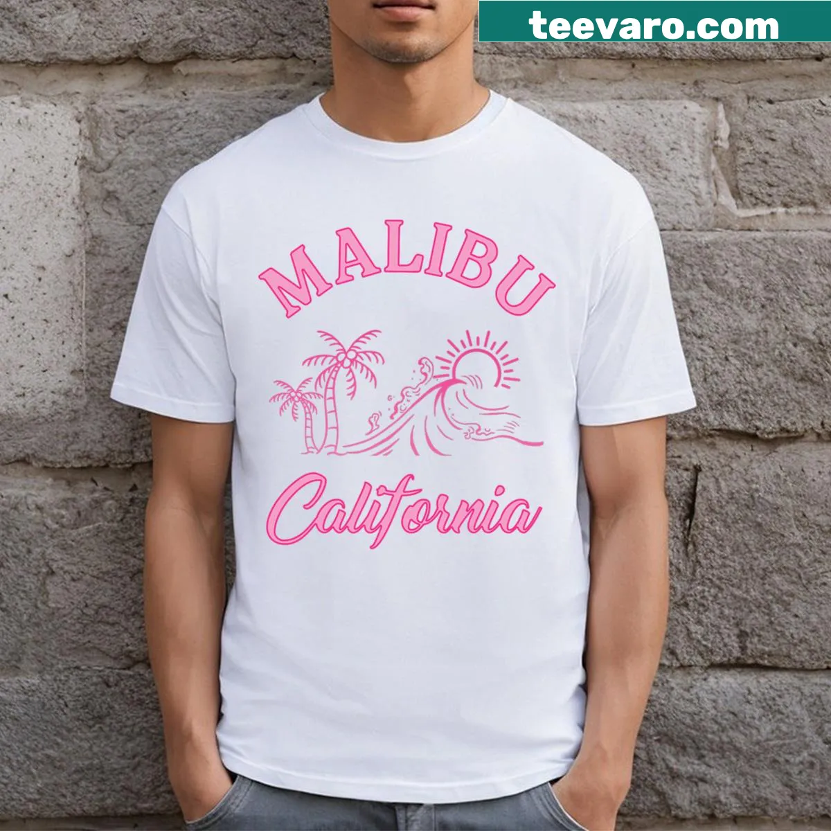 Vintage-style Malibu California T-shirt with preppy varsity graphics. — on a men's t-shirt