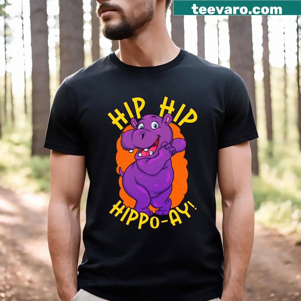 Cartoon graphic t-shirt with dancing purple hippo — on a men's t-shirt