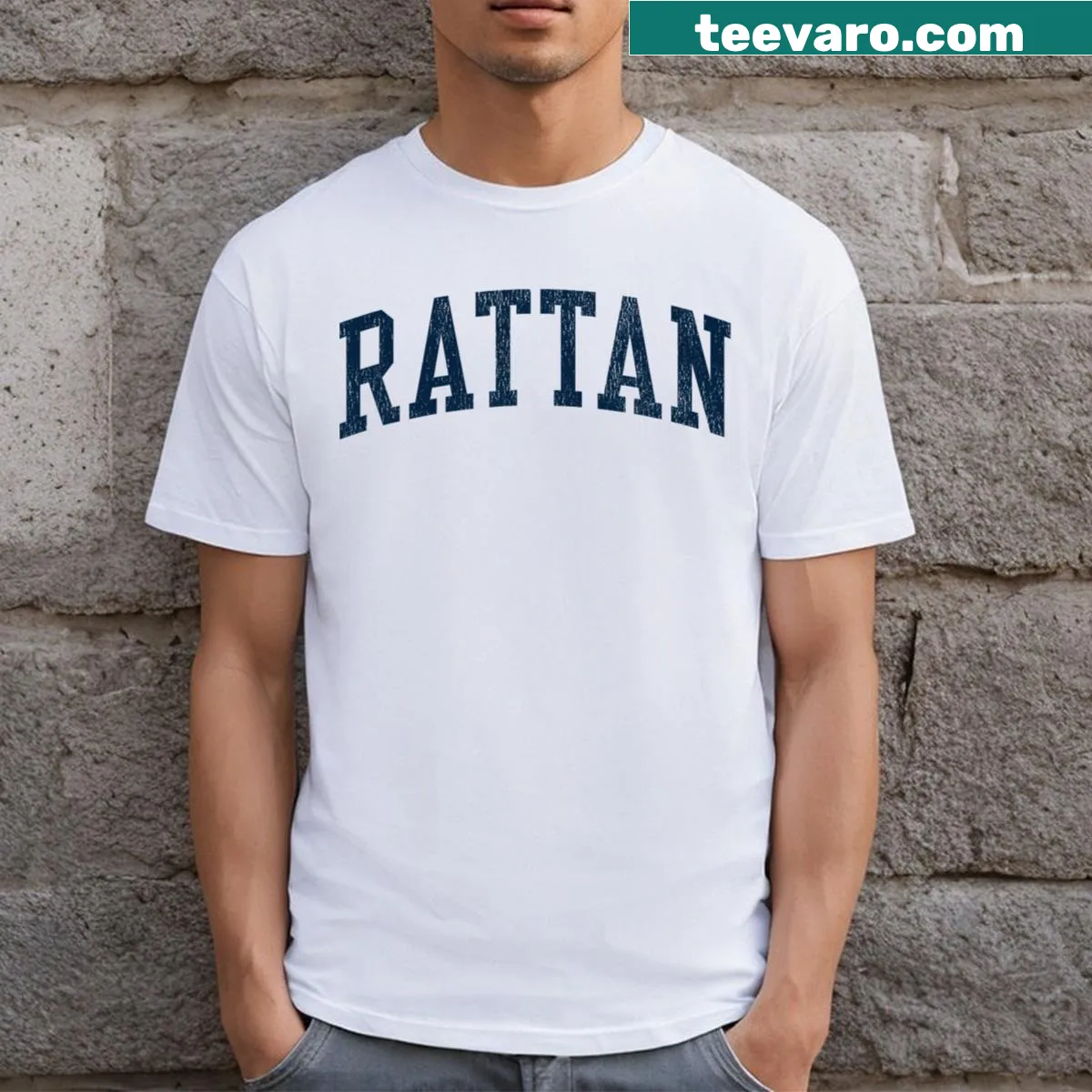 Vintage athletic t-shirt featuring a Rattan design in navy print. — on a men's t-shirt