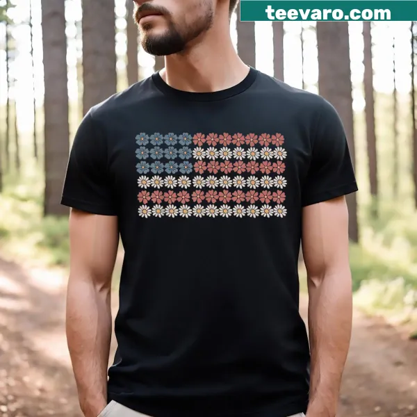 Patriotic vintage-style T-shirt with retro daisies and American flag design