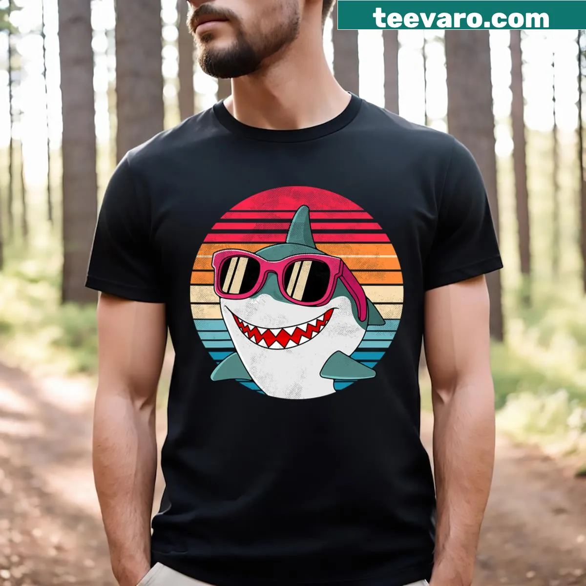 Retro shark graphic with sunglasses in a fun T-shirt design — on a men's t-shirt