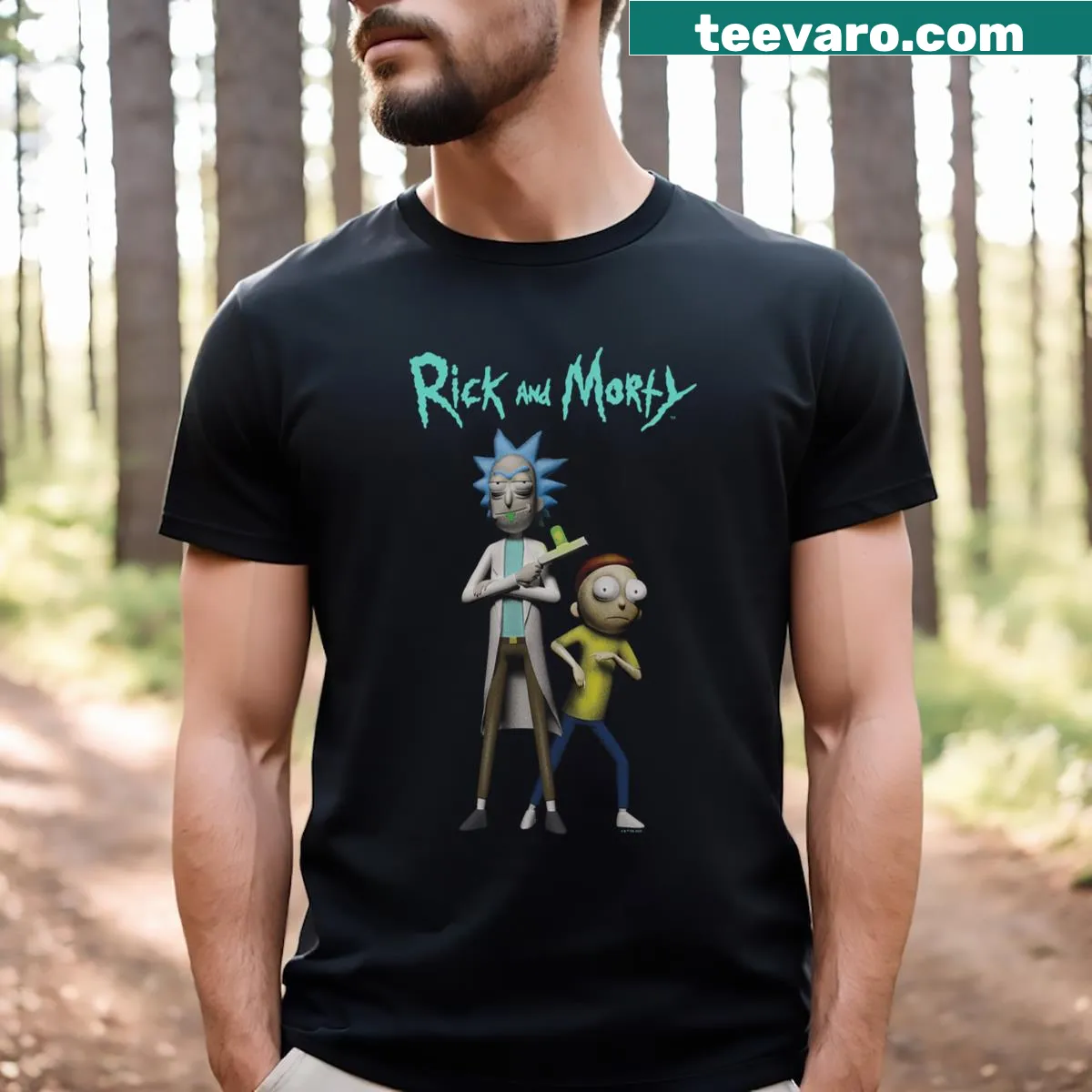 3D model textured Rick and Morty graphic on a t-shirt — on a men's t-shirt