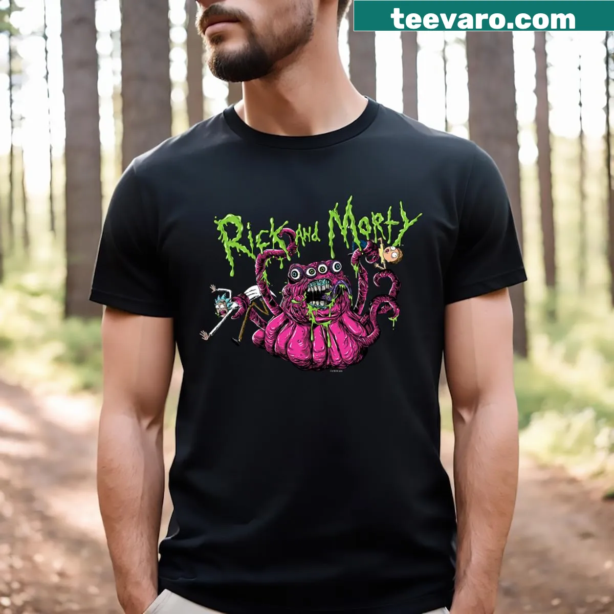Cartoon T-shirt featuring a whimsical alien from Rick and Morty — on a men's t-shirt