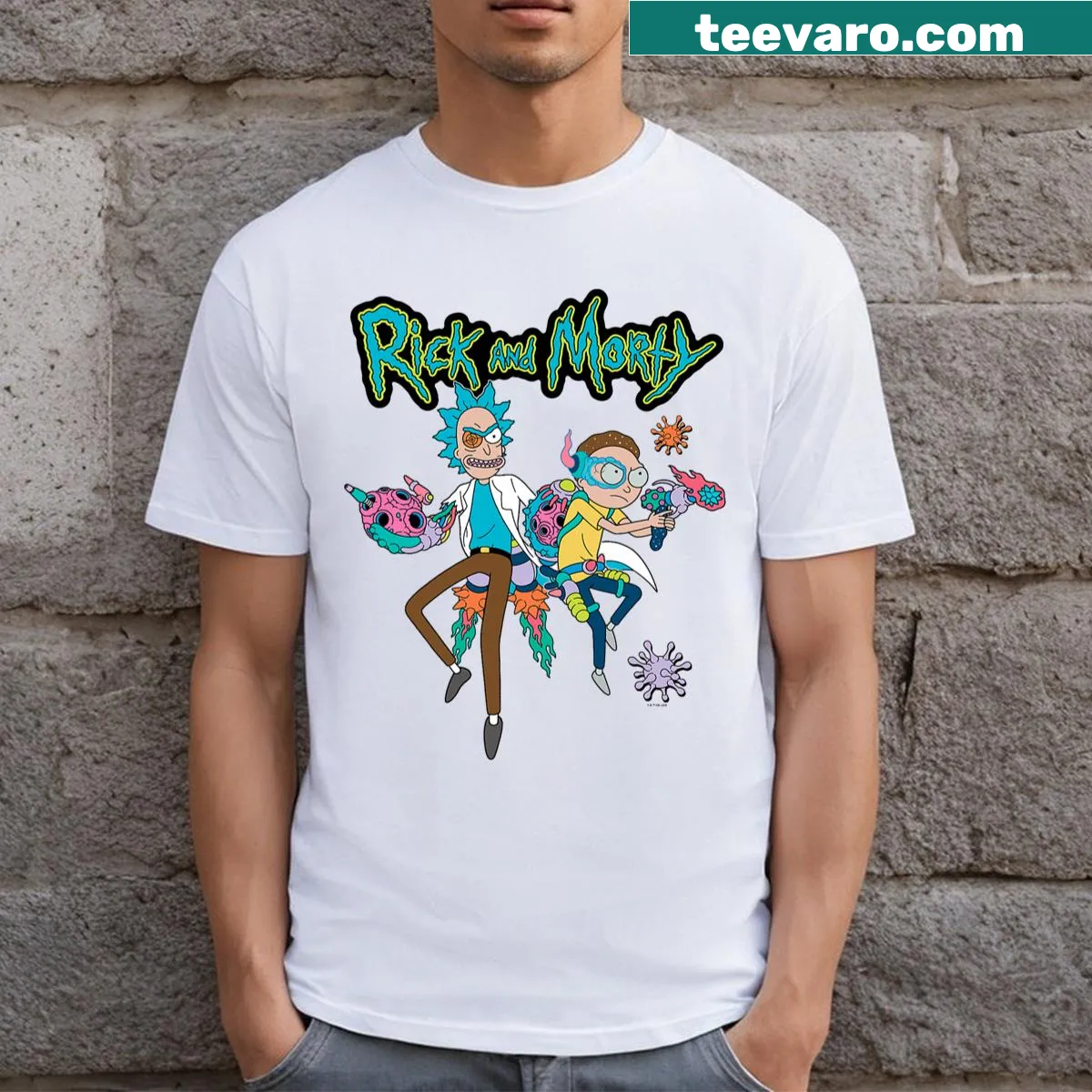 Cartoon T-shirt featuring an alien cyborg from Rick and Morty — on a men's t-shirt